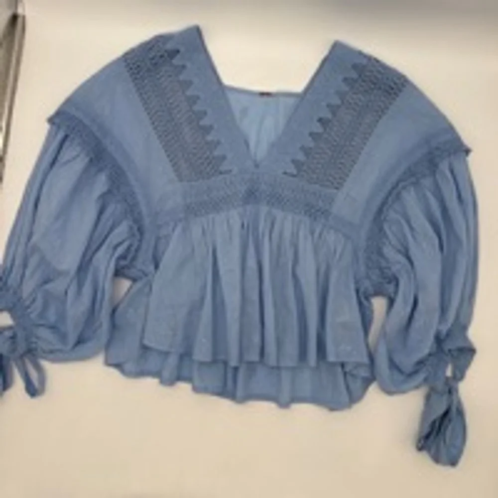FREE PEOPLE Blue Crochet Peasant Blouse (see measurements)